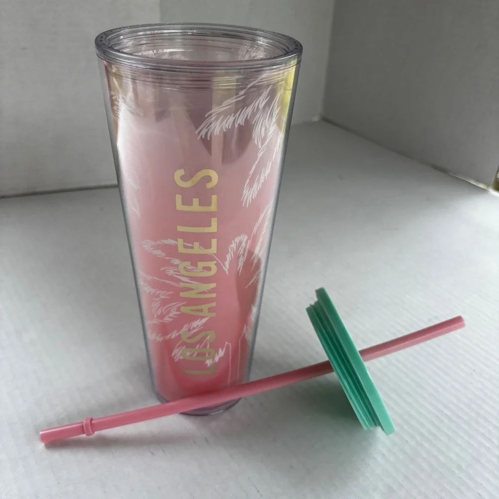 Starbucks Los Angeles Palm Tree Pink Iridescent Venti Tumbler‎ 24oz  Lid Straw